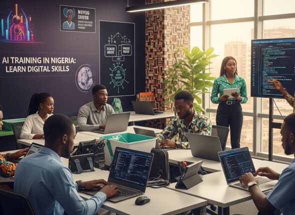 A young Nigerian professional working on a laptop with futuristic AI holograms floating around the screen, digital data interfaces, African city skyline (Lagos) in the background, modern workspace, warm natural lighting, realistic style, high detail, cinematic, representing AI training and digital skills in Nigeria