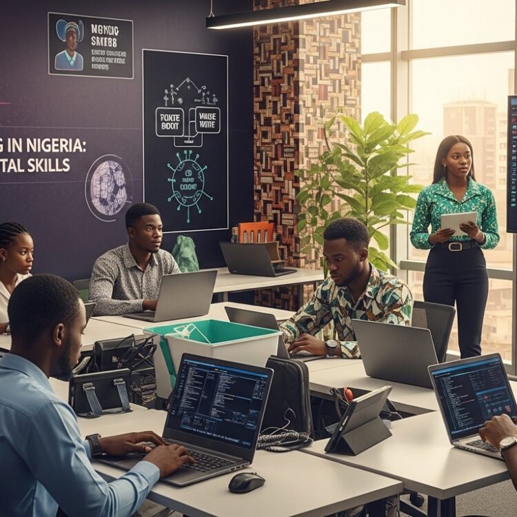 A young Nigerian professional working on a laptop with futuristic AI holograms floating around the screen, digital data interfaces, African city skyline (Lagos) in the background, modern workspace, warm natural lighting, realistic style, high detail, cinematic, representing AI training and digital skills in Nigeria