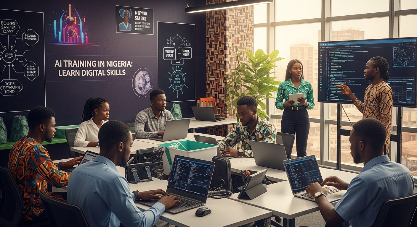 A young Nigerian professional working on a laptop with futuristic AI holograms floating around the screen, digital data interfaces, African city skyline (Lagos) in the background, modern workspace, warm natural lighting, realistic style, high detail, cinematic, representing AI training and digital skills in Nigeria
