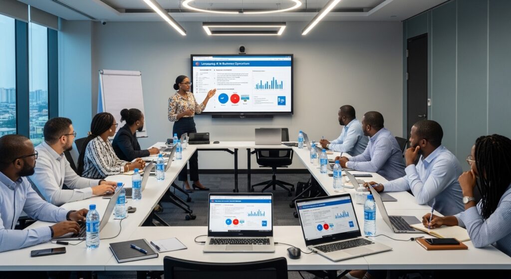 Corporate training session in Lagos with professionals learning AI tools, instructor presenting on digital screen, participants engaged with laptops, modern conference room, realistic and professional tone